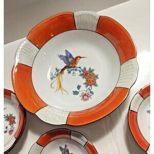 Antique Schwarzenhammer Bavaria Orange Luster Bird Of Paradise 6 Bowl Set